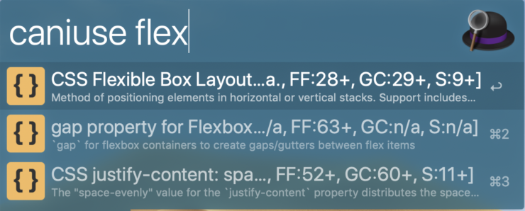 Alfredに「caniuse flex」と入力してFlexible Box Layoutなどの結果がサジェストされている様子の画像