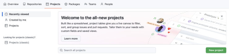 GitHub Organization から Projects を作成する画面のキャプチャ