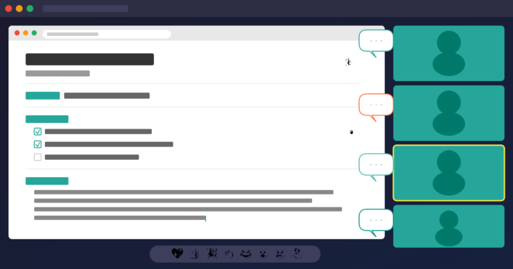 オンラインミーティングでチームメンバーが議事録を画面共有しながら活発に議論しているイメージのイラスト